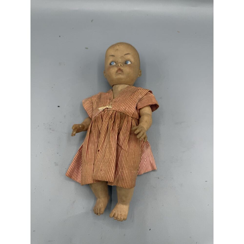Vintage Baby Doll 8” Hard Plastic Blue Eyes Red Stripe Dress Blue Eyes